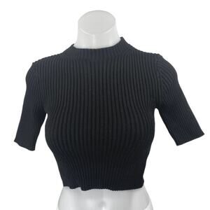 Zara Women's Black Rib Knit short Sleeve High Neck Stretch Cropped Sweater Top S
